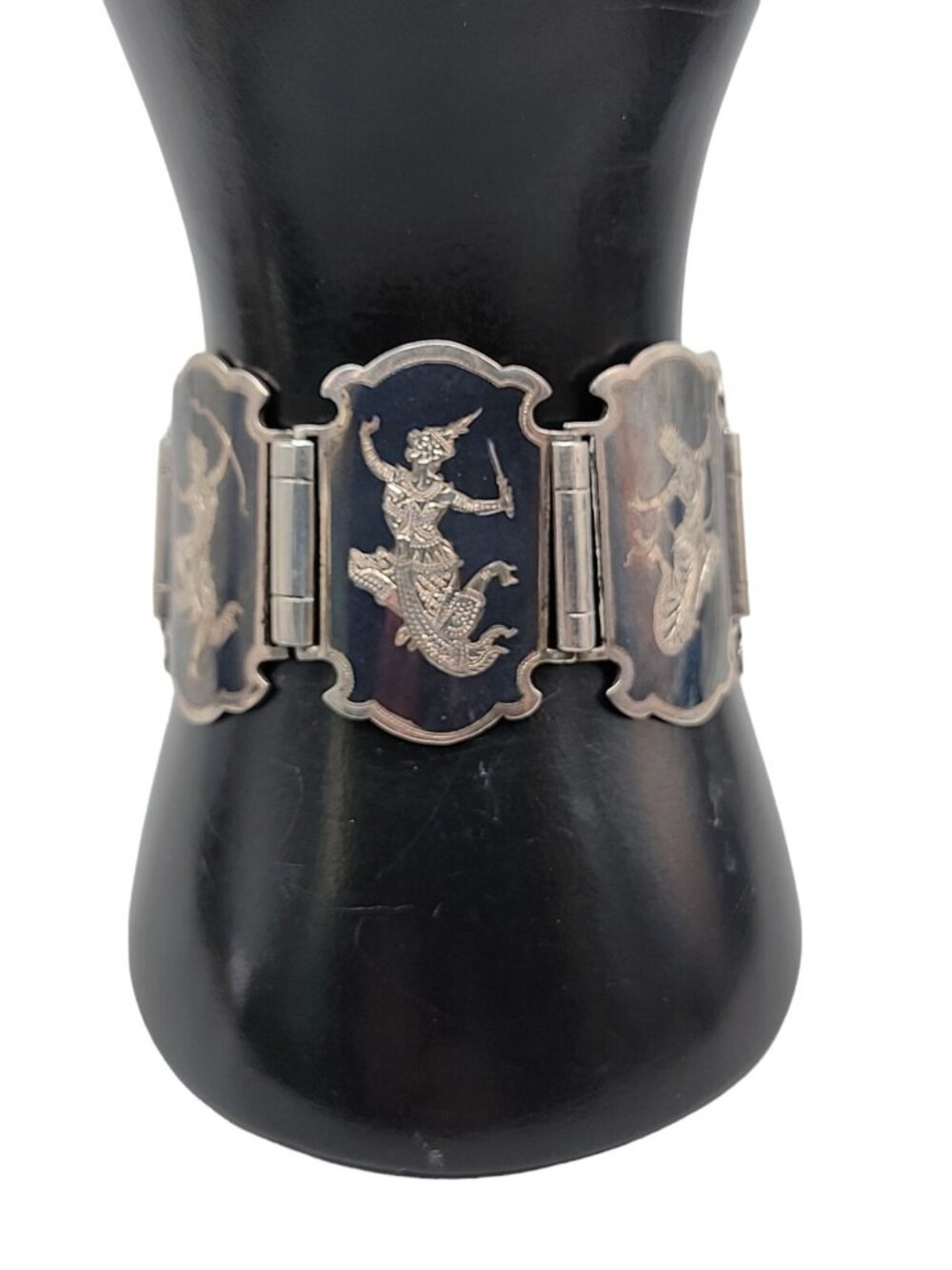 Siam Sterling Silver Bracelet 925 Niello Hindu Goddess Enamel Hinged Panel SZ 7 - Picture 6 of 16